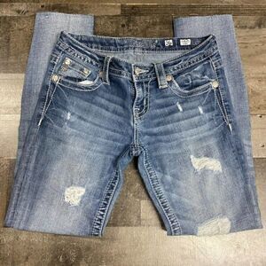 MISS ME blue LOW RISE signature SKINNY DENIM JEANS sz 26 stained